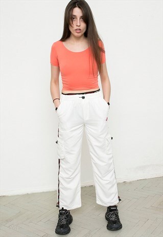 VINTAGE TRACK BOTTOMS WHITE RED ATHLETIC WEAR ELASTIC WAIST