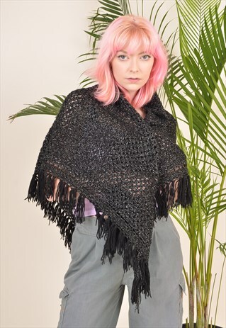 Y2K CROCHET KNIT HIPPY BOHO SUMMER PICNIC SHAWL BLACK