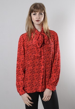 VINTAGE 80S RED PATTERNED TIE NECK BLOUSE TOP