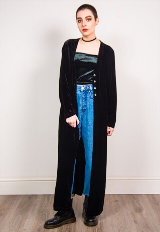 VINTAGE 90'S BLACK VELVET MAXI GRUNGE CARDIGAN JACKET
