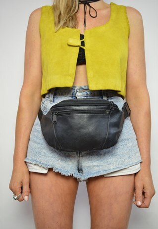 VINTAGE 90S BLACK LEATHER BUM BAG FANNY PACK GRUNGE RETRO
