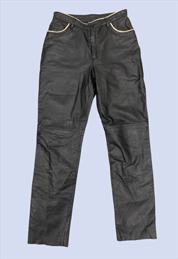 Black Beige Trim Genuine Leather Straight Leg Trousers 