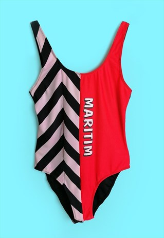 Vintage 80's 90's Retro Swimsuit Black White  Red