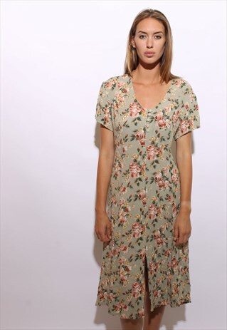 VINTAGE 1990'S 90'S GREEN FLOWER PRINT GRUNGE SUN DRESS L-XL