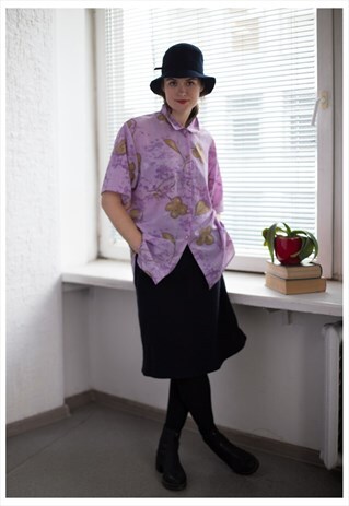VINTAGE 80'S PURPLE FLOWER PRINT SHORT SLEEVED BLOUSE