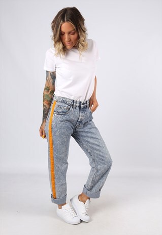 HIGH WAISTED SIDE STRIPE REWORKED JEANS TAPERED UK 14 (G31Z)