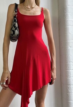 Vintage Y2k Asymmetric Slip Dress Red Summer Festival