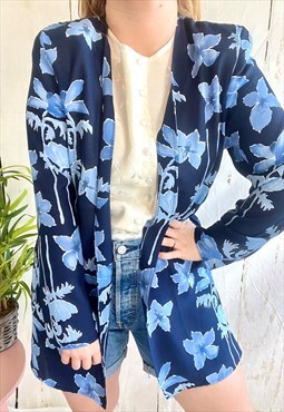 Vintage Blue Floral Printed 80's Kimono Cover Up