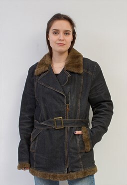 Vintage Women's L XL Denim Faux Fur Jacket Coat Afghan Blue
