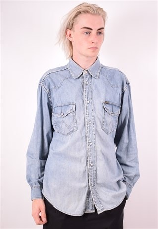 WRANGLER MENS VINTAGE DENIM SHIRT MEDIUM BLUE 90S