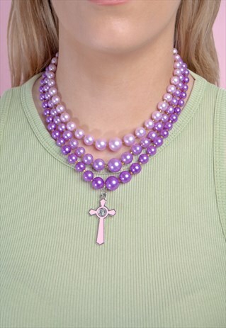 VINTAGE PURPLE TRIPLE STRAND FAUX PEARL NECKLACE