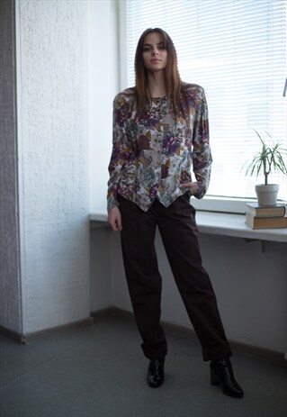 VINTAGE 70'S MULTICOLOR FLOWER PRINT LONG SLEEVED BLOUSE