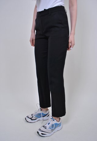 90S BLACK STRAIGHT WOOL PANTS, VINTAGE FORMAL CROPPED CHINOS