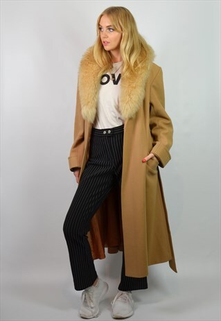 PREMIUM VINTAGE 70S CAMEL BROWN LONG COAT / FAUX FUR COLLAR