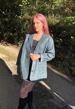 Vintage Blue Leather 90s Y2k Trench Coat