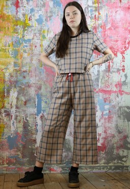 Crop DrawstringTrousers & Top Co-Ordinates in beige check