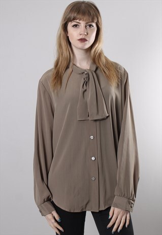 VINTAGE 80S BEIGE TIE NECK BLOUSE