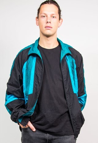 VINTAGE 90'S BLACK BLUE GREEN SHELL SUIT TRACKSUIT JACKET