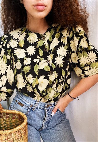 VINTAGE 80S LUXE FLORAL PRINT BLOUSE TOP MINIMALIST BOHEME