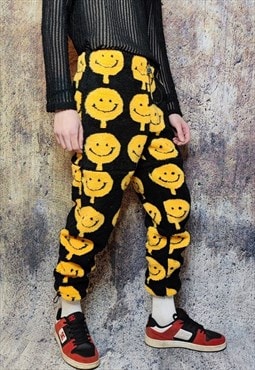 Emoji fleece joggers detachable fluffy festival pants black