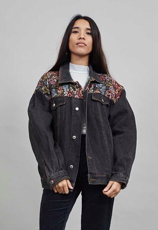 VINTAGE OVERSIZED TAPESTRY DETAILED BLACK DENIM JACKET