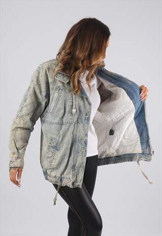 VINTAGE DENIM BOMBER JACKET OVERSIZED ACID WASH UK 14 (JR2U)
