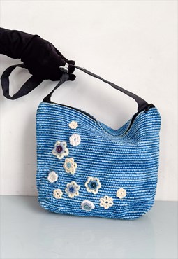Vintage Y2K cute floral knit bag in blue tones & white