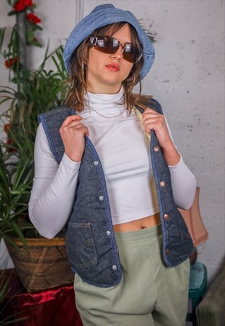 VINTAGE 90'S DENIM SHEEPSKIN LINED GILET JACKET