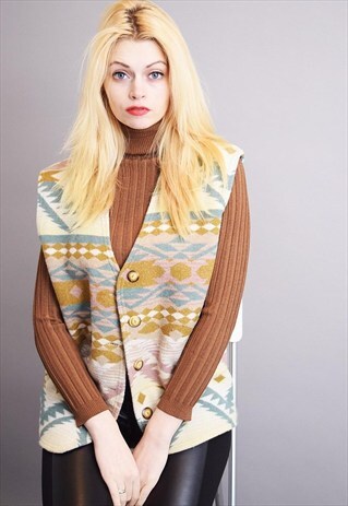 90'S RETRO WOOLLEN TRIBAL PATTERN GILET VEST JACKET