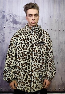 Leopard fleece jacket in cream animal print fluffy bomber