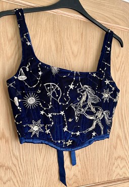 Handmade midnight blue corset with gold bead details 