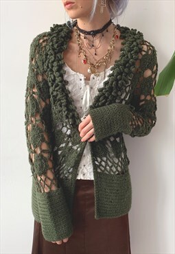 Vintage 00's Y2K Summer Green Knit Crochet Fishnet Cardigan