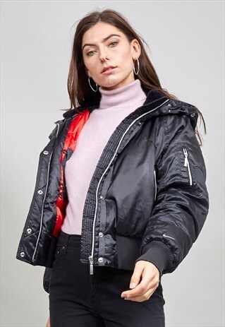 RETRO NIKE BLACK PADDED SATIN HOODED BOMBER JACKET