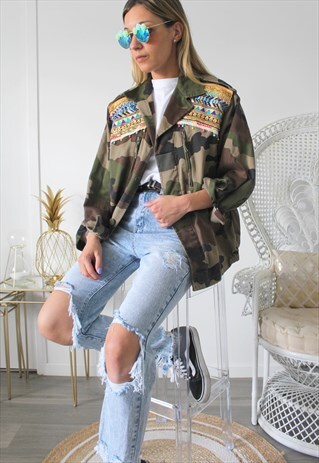 VINTAGE KHAKI JACKET MILITARY ETHNIC EMBROIDERY