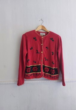 Vintage Red Christmas Holly Knitted Cardigan