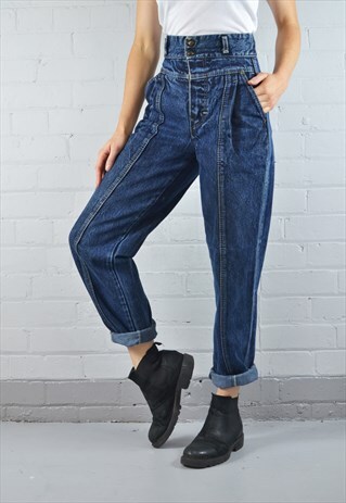 VINTAGE DARK BLUE ACID WASH TAPERED MOM JEANS