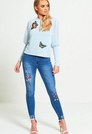 FLORAL EMBROIDERED DENIM SKINNY JEANS
