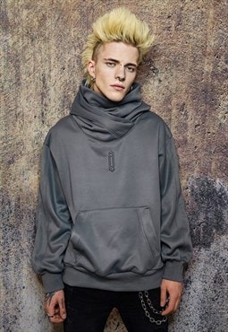 Raised neck hoodie grunge pullover retro Japanese top grey