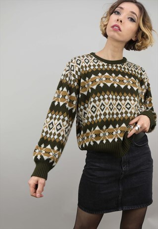 VINTAGE 80S 90S OVERSIZED PATTERNED KNIT JUMPER