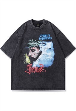 Jesus print t-shirt religion tee retro skater top acid black