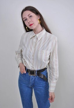 90s green striped blouse for work, Size M