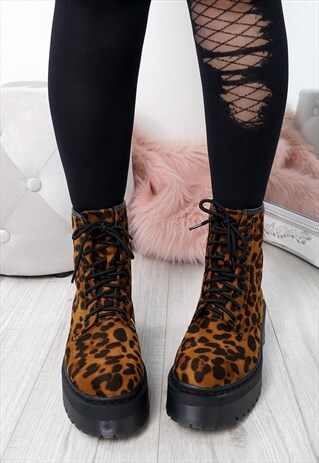 WOMENS LEOPARD PRINT LACE UP ANKLE BOOTS COMBAT SHOES