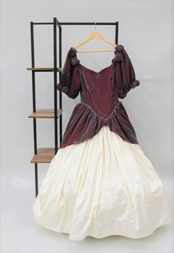 80s Vintage Puff Sleeve Velvet Iridescent Rose Wedding Dress