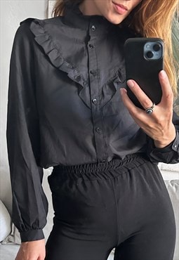 Retro Rufled Black Victorian Blouse / Shirt - S / M