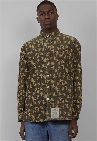 VINTAGE 80'S GREEN DUCK PRINT CORDUROY SHIRT
