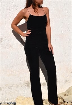 90s stock black velvet stretch bootcut jumpsuit chain straps