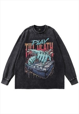 DJ t-shirt vintage wash top music box print long tee in grey