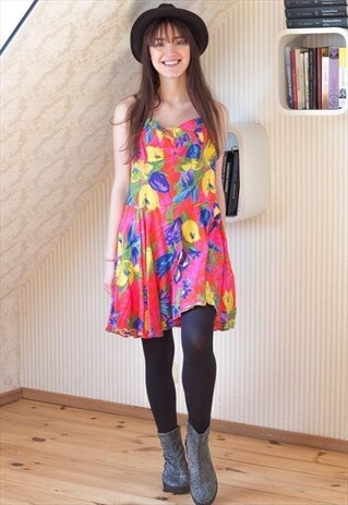 BRIGHT PINK FLORAL COTTON DRESS WITH STRAPS