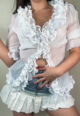 Vintage Y2K White Frill Sheer Blouse top