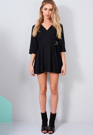 BLACK MINI WRAP DRESS WITH FLARED HEM AND LONG SLEEVES
